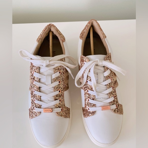 Authentic Mimco white leather ladies  trainers with rosé sequins , size 39 - Picture 4 of 10